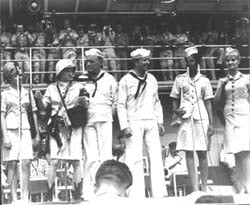 December of 1966 found Bob Hope and his indefatigable USO Show troupers (Phyllis Diller, Joey Heatherton, Vic Damone, Anita Bryant, Diana Shelton, The Korean Kittens, Les Brown, and Miss World, Reita Faria), entertaining off the shores of Vietnam. (USO Photo)