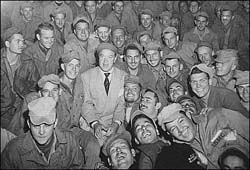 Bob Hope(C) sits among US soldiers in Wonsan, Korea, during the Korean War in October 1950(AFP/National Archives/File)