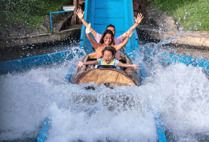 Two adults and a child scream with delight on a log flume ride, that offers fun and excitement for the whole family.