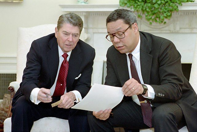 Gen. Colin Powell, chairman, Joint Chiefs of Staff, and Gen. Norman Schwarzkopf, Jr., commander-in-chief, U.S. Central Command, during Operation Desert Storm in 1991