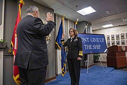 Secretary of the Navy Carlos Del Toro swears in Adm. Lisa Franchetti as the 33rd chief of naval operations in the Pentagon, Nov. 2. Franchetti became the first woman service chief and member of the Joint Chiefs of Staff. Photo Credit: U.S. Navy/Chief Mass Communication Specialist Amanda R. Gray/released