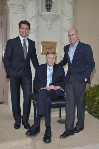 Tom Cruise (left), a longtime supporter of the Motion Picture & Television Fund (MPTF), joins Chairman of the MPTF Foundation, Jeffrey Katzenberg (right), and Sumner Redstone (center) as he grants a $20 Million gift from the Sumner M. Redstone Charitable Foundation to the MPTF Campaign at (Photo: PRNewsFoto/MPTF)