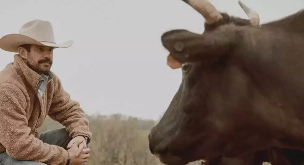 Man in cowboy hat and fleece jacket kneeling in a pasture