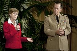 Navy Adm. Mike Mullen, chairman of the Joint Chiefs of Staff, and his wife, Deborah Mullen, address the audience during a town hall meeting at the University of Southern California in Los Angeles, June 11, 2010. DoD photo by U.S. Navy Petty Officer 1st Class Chad J. McNeeley