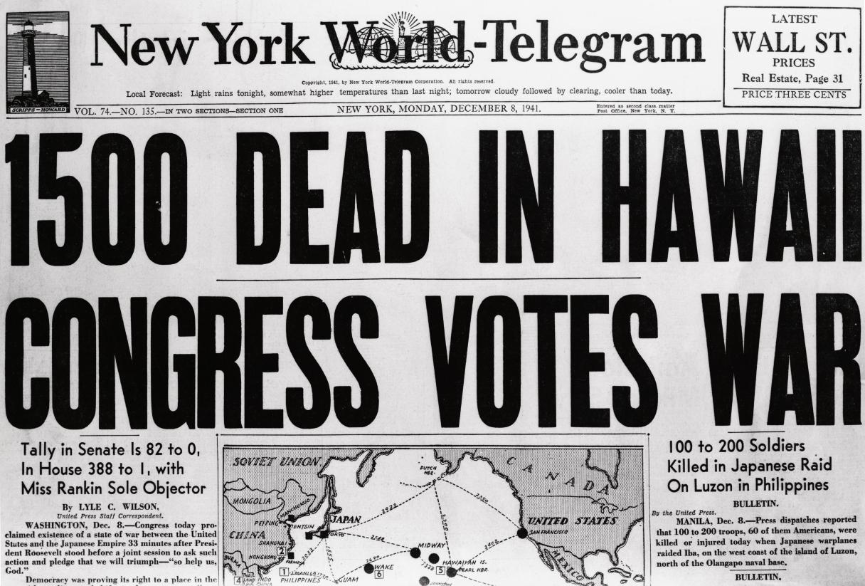 1941 Newspaper with Pearl Harbor Headline