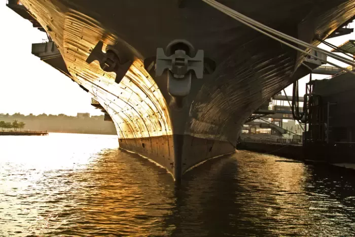 aircraft carrier at dock in New York