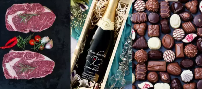 steaks, wine, chocolates