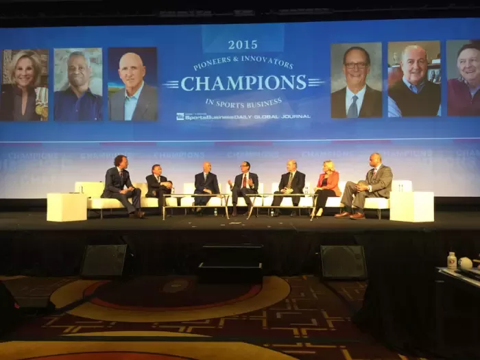 Donna de Varona (seated, second from right) speaking at the special event.
